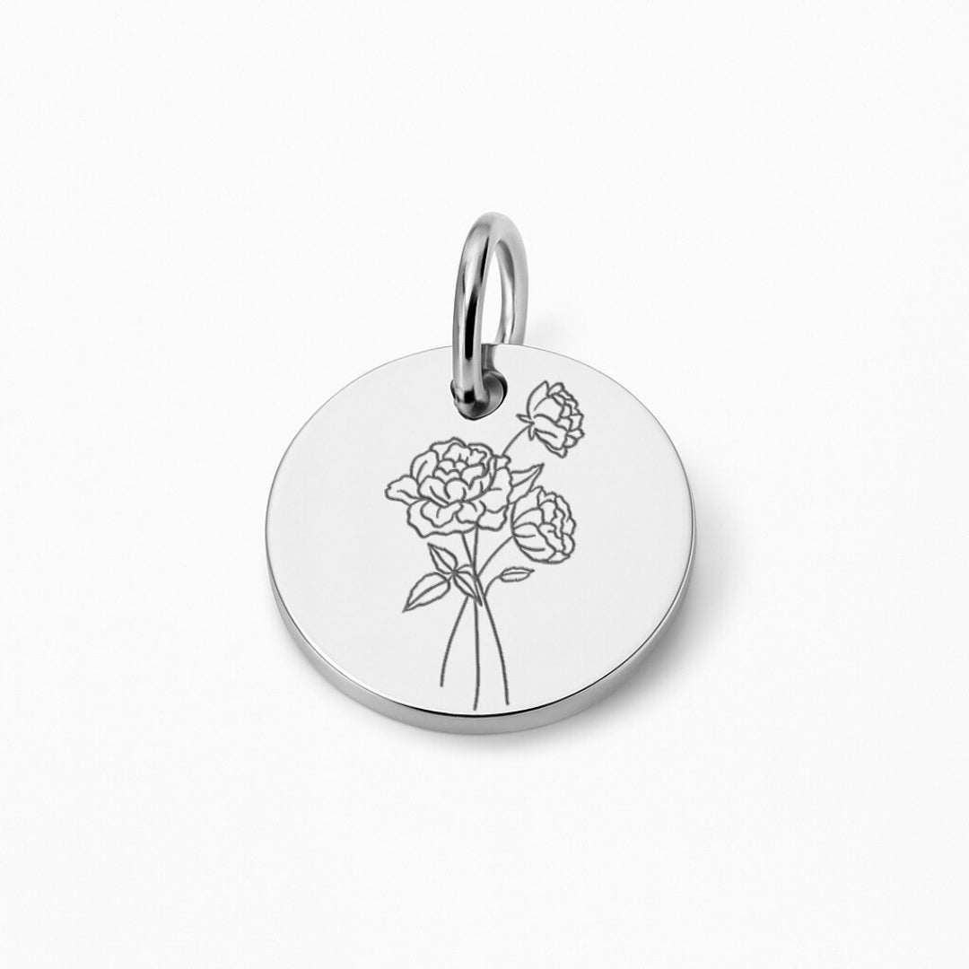 Runder Coin Charm |  graviert mit Geburtsblume