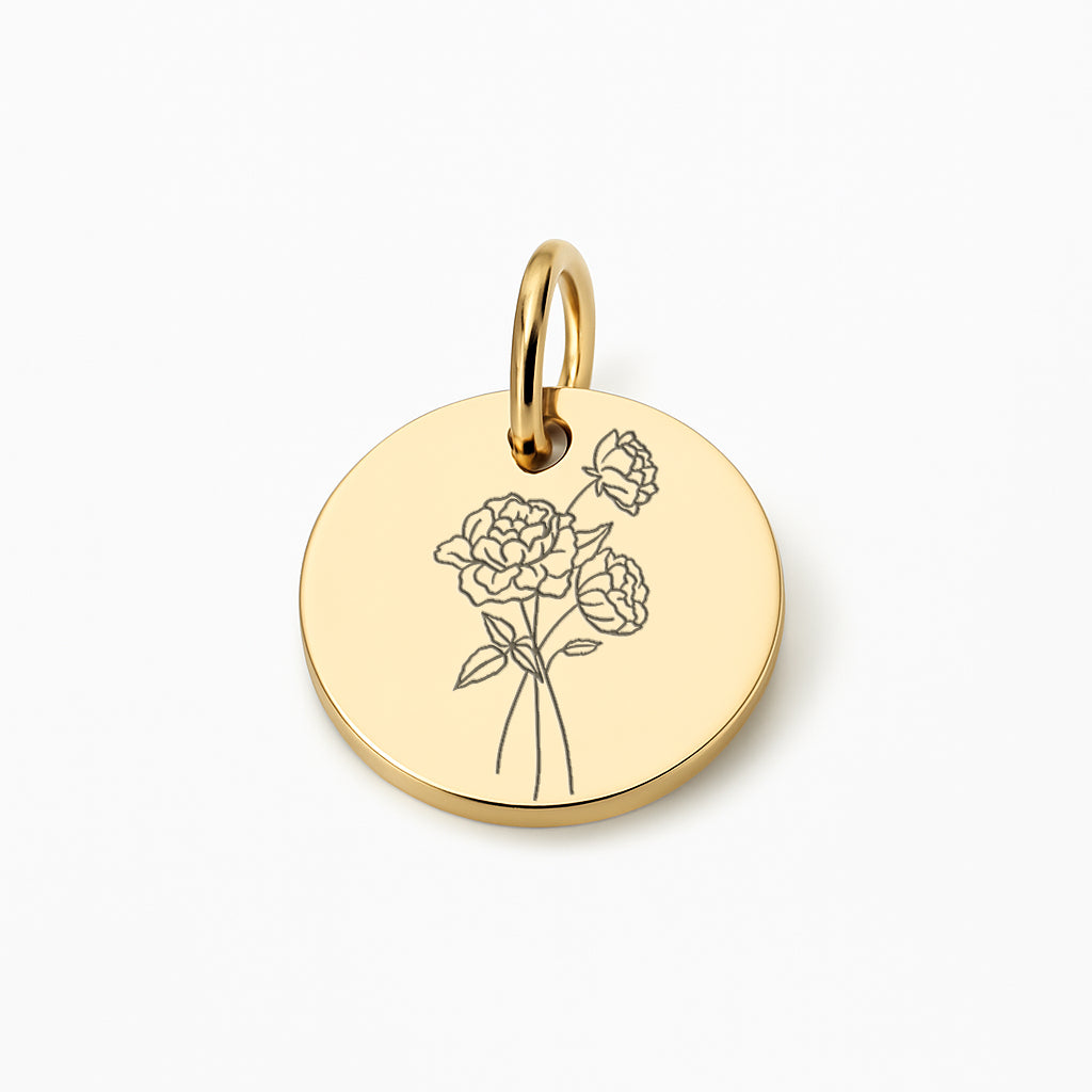 Runder Coin Charm |  graviert mit Geburtsblume