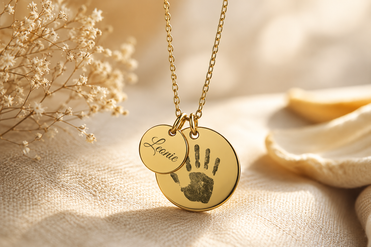 Gravurkette mit Handabdruck & Namensplättchen – Personalisierter Erinnerungsschmuck