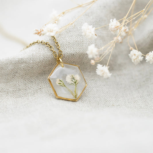 Halskette Schleierkraut transparent | Hexagon