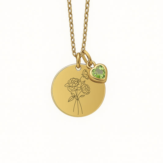 Halskette mit gravierter Geburtsblume & Geburtsstein